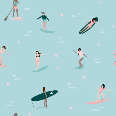 Sahilde sörf tahtasında yüzen farklı insanların kusursuz desenleri. Plajda tropikal tatil ile tekrarlanabilir arka plan.