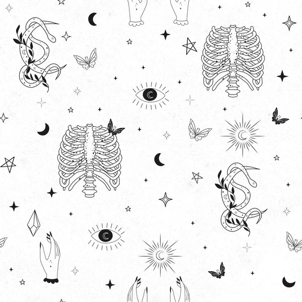 İskelet, el ve sinsi Cadılar Bayramı desenleri. Kumaş, ambalaj, telefon kılıfı, defter kapakları, astroloji, ambalaj kağıtları için arka plan.