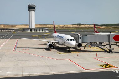 İstanbul, Türkiye - Nisan 2022: Türk Hava Yolları Hava Yolları Türkiye 'deki İstanbul Havaalanı pistinde çekildi.