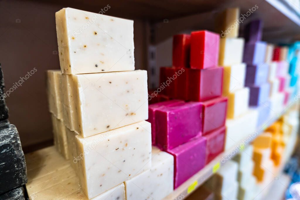 Traditional organic soap (Bittim soap) in Mardin, Turkey. Craft multi-colored natural organic soap bars are famous in Mardin and popular souvenir for tourists.