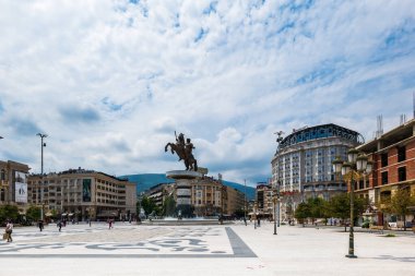 Skopje, Macedonia - June 2022: Alexander the Great Makedonski monument and the view of the Macedonian Square in Skopje, North Macedonia