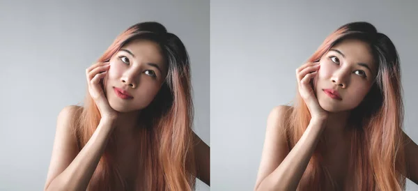 Dois Retrato Comparando Bonita Mulher Asiática Diferente Emoção Feliz Chateado — Fotografia de Stock