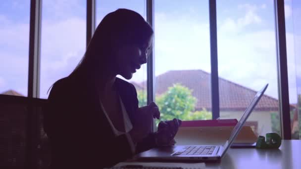 Silhouette Businesswoman Sta Digitando Sul Computer Portatile Mentre Lavora Home — Video Stock