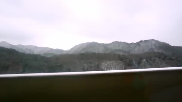 View Car Driving Snow Mountain Range Japan — Vídeo de Stock
