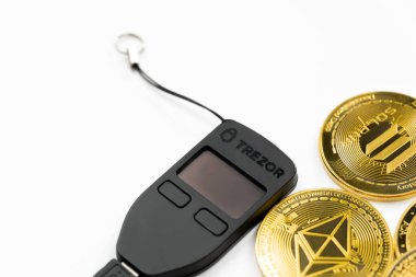 Bangkok, Thailand - 24 July 2022 : Trezor Hardware wallet for safely store your cryptocurrency.