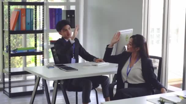 Business Couple Putting Hand Five Together Success Office Working — Stockvideo