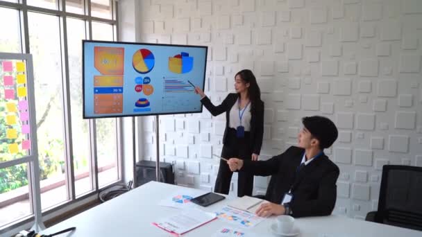Business Woman Explaining Financial Report Display Screen Meeting — Video Stock