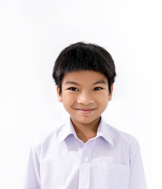Asian student portrait isolated on white with school uniform smiling