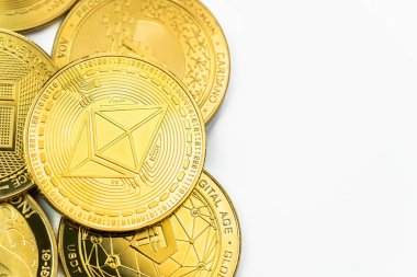 closed up Shiny Crypto currency metale coin isolated on white with copy space.