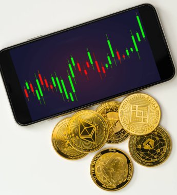 Green profit graph bull market on crypto currency on mobile phone 
