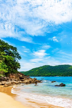 Landscape of the sea and forests and beachamidst the rocks in the ecological paradise of Trindade in Paraty, state of Rio de Janeiro, Brazil clipart
