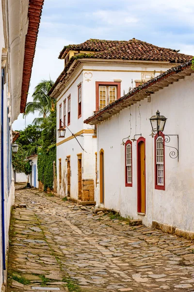 Bucolic Street Old Colonial Style Houses Cobblestone Pavement Historic City — Stockfoto