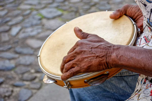 Hands Instrument Percussionist Playing Tambourine Streets Famous Pelourinho Neighborhood City —  Fotos de Stock
