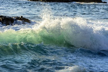 Small wave breaking with water spray released into the air in the sea of Salvador, Bahia