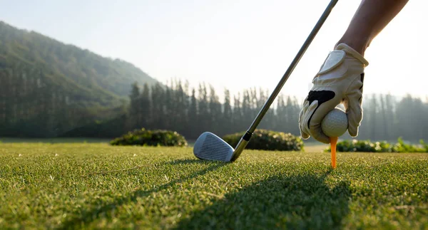 Mano Asiática Mujer Deportiva Poniendo Pelota Golf Tee Con Club —  Fotos de Stock