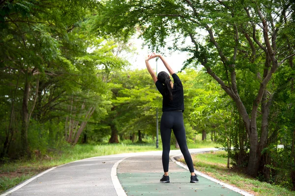 Mujer Sana Corredor Asiático Personas Entrenamiento Fitness Naturaleza Parque Fondo — Foto de Stock