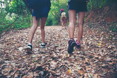 Sırt çantalı bir yürüyüşçü. Yürüyüş yapan genç bir kadın.