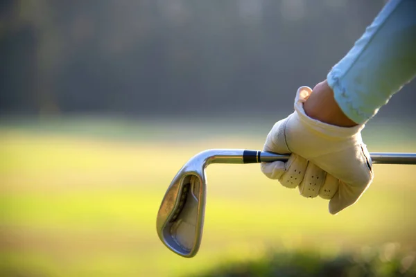 Golferin Frau Spielt Golf Menschen Schwingen Und Schlagen Golfplatz Ist Stockfoto