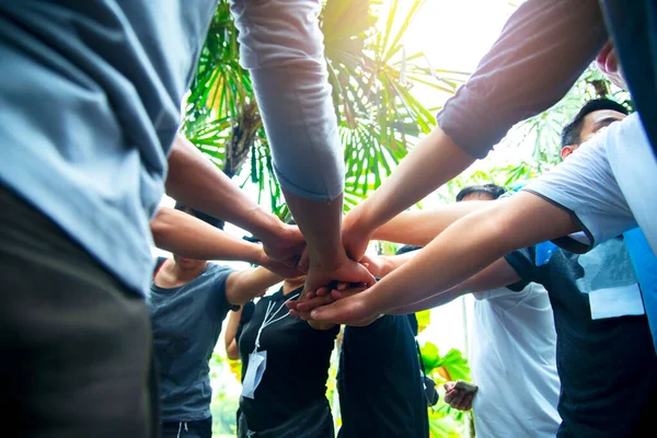 Teamwork Hands Spirit Team Werken Samen Buiten Eenheid Sterke Handdruk — Stockfoto