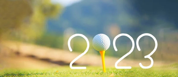 Golf ball for Happy New Year 2023 on the green golf for new healthy sporty, copy space. Healthy and Holiday Concept