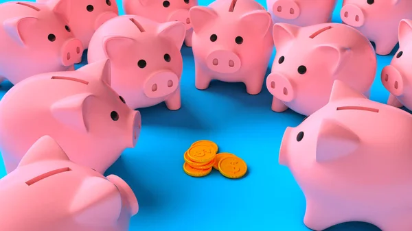 Een menigte roze spaarvarken banken rond een stapel geld munten op een blauwe achtergrond. Besparing van inkomsten. 3d renderen — Stockfoto