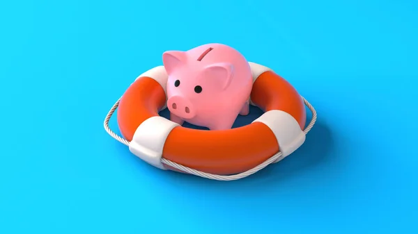Seguro de poupança. Porquinho na boia salva-vidas em um fundo azul. Ajuda a poupar dinheiro. Renderização 3d — Fotografia de Stock