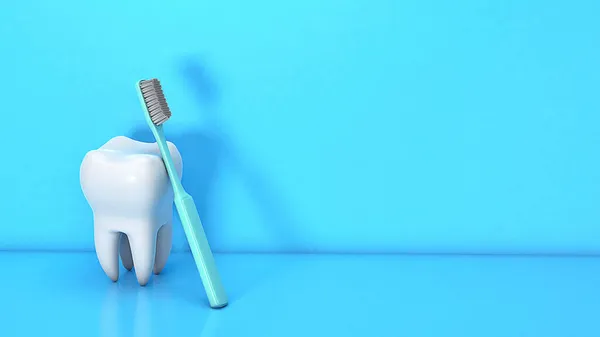 Instrumento dentário e dentário. Escova de dentes com dentes em um fundo azul. Copiar espaço para texto. Renderização 3d. — Fotografia de Stock