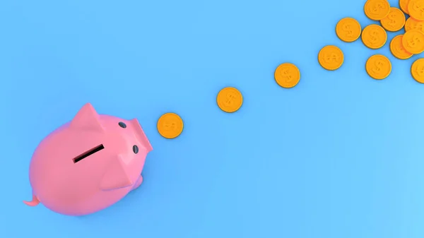 青い背景にピンクの貯金箱と金貨。適切なお金の蓄積システムを見つけるという概念。3Dレンダリング — ストック写真