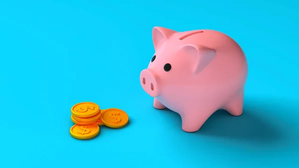 Piggy bank en gouden munten op een blauwe achtergrond. 3d renderen — Stockfoto