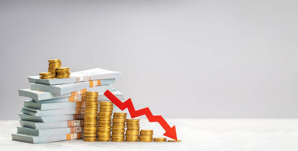 Stack of dollars and gold coins and a red down arrow. The concept of falling profits or bankruptcy, loss of investment. Template Copy space for text
