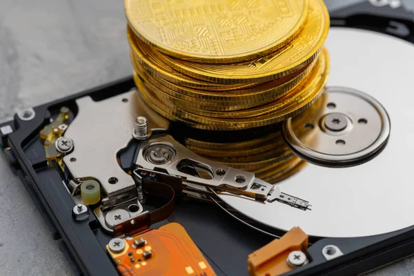 Stack med guldmynt och en hårddisk. Chia crypto — Stockfoto