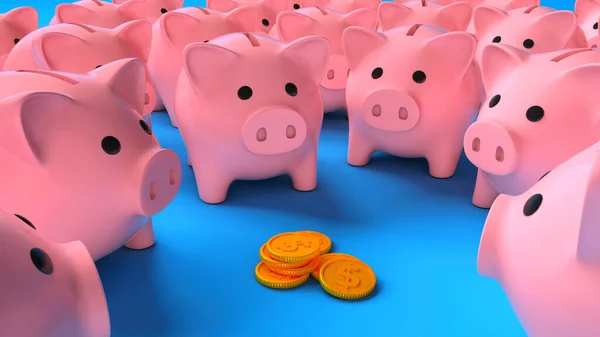 Een menigte roze spaarvarken banken rond een stapel geld munten op een blauwe achtergrond. 3d renderen — Stockfoto