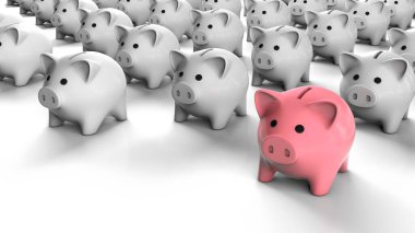 Bir sürü kumbara ve bir tane de pembe. 3d hazırlayıcı