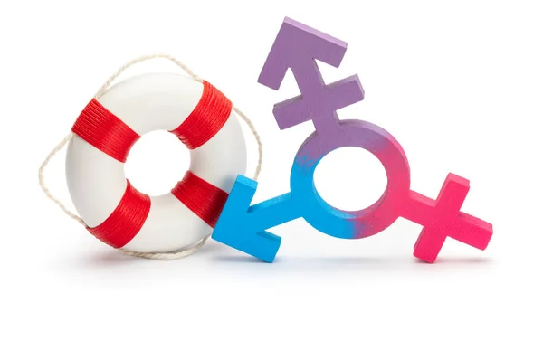 Помогать трансгендерным людям. Символ Lifebuoy и трансгендера. На помощь. изолированные на белом фоне — стоковое фото