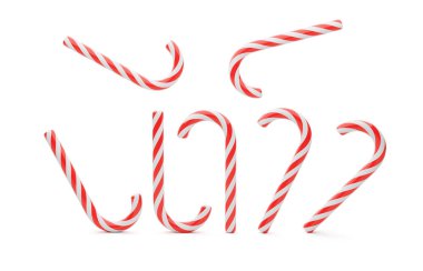 Kırmızı çizgili bir baston şeker seti. Beyaz arka planda izole edilmiş tatlı lolipop çubukları. 3d hazırlayıcı