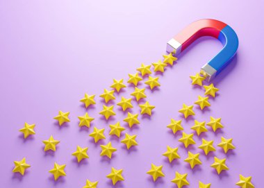 Olumlu geri bildirim. Mıknatıs yıldızları çeker. İyi eleştiriler almak için pazarlama konsepti. 3d hazırlayıcı