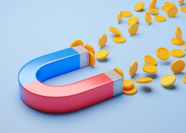 Para mıknatısı. Yatırımın nasıl çekileceğini. Mıknatıs zenginliğin sembolü olarak altın sikkeleri çeker. 3d hazırlayıcı