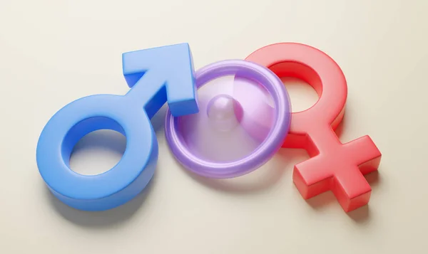 Sexkondom som skydd. Säkert sex. Kondom mellan könssymboler för man och kvinna. 3D-återgivning — Stockfoto