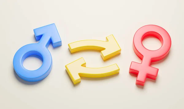 Geschlechterwechsel. Männliches und weibliches Geschlechtssymbol mit einem runden Pfeil. 3d Stockbild