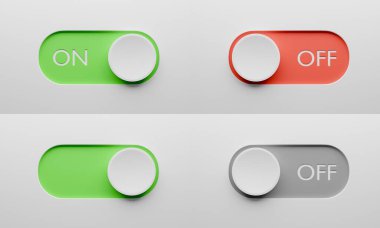 On and Off toggle switch buttons set. Switch design for app or website. 3d render.