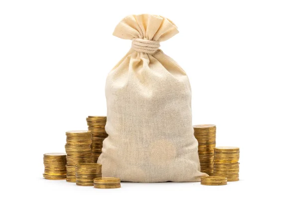 Money bag with stacks of gold coins isolated on white background. Template mock-up.