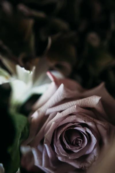 一束紫丁香玫瑰 金银花和深色水仙花 一个豪华的黑木花束 — 图库照片