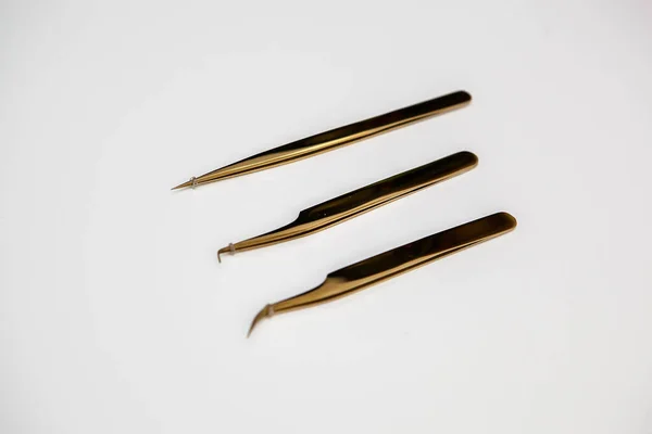 Tools Eyelash Extensions Eyebrow Design Cosmetic Tweezers Gold Color White — Stock Photo, Image