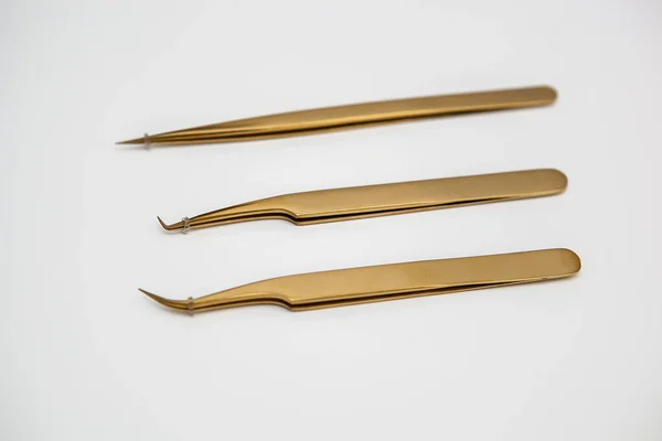 Tools Eyelash Extensions Eyebrow Design Cosmetic Tweezers Gold Color White — Stock Photo, Image