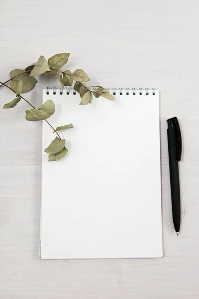 Άνοιγμα Λευκό Κενό Σημείωμα Χαρτί Και Στυλό Ανοιχτό Γκρι Ξύλινο — Φωτογραφία Αρχείου