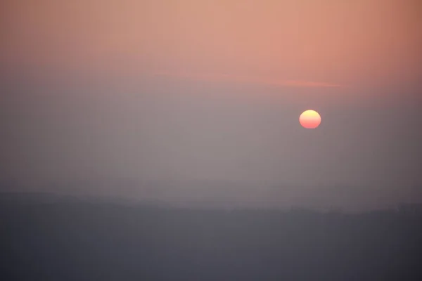 Sol Rojo Pone Una Neblina Gris Rosa Paisaje Pastel Invierno — Foto de Stock