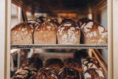 Fırın raflarında altın kabuklu taze ekşi ekmek..