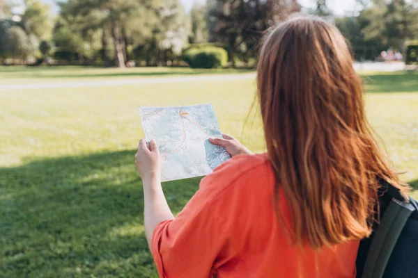 Woman Looking Map She Holding Her Hands Nature Background Girl — стоковое фото