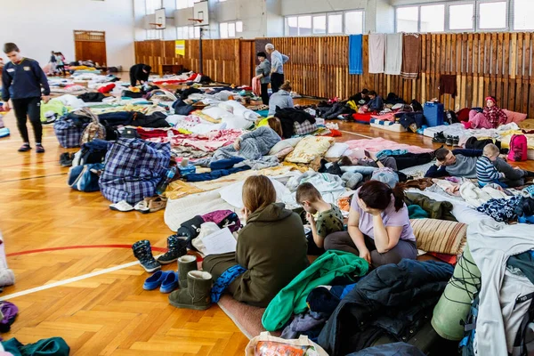 Uzhhorod, Ukrayna - 11 Mart 2022: Rusya 'nın Ukrayna işgalinden kaçanlar yerel okullardan birinin spor salonunda dinleniyorlar.