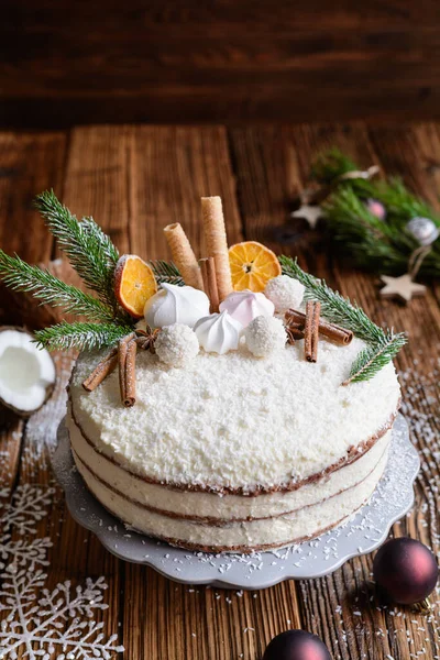 Tort Delicios Turtă Dulce Goală Crăciun Frișcă Umplutură Nucă Cocos — Fotografie, imagine de stoc
